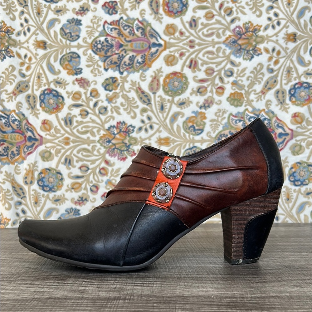 L,artiste Spring Step Joella Leather Black/Brown Ankle Boots‎ Heels Textured 8